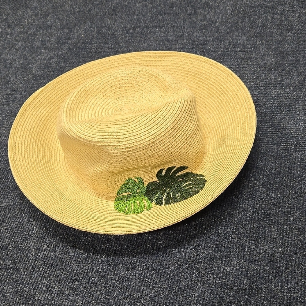 Straw Hat with Green Leaf Embroidery
